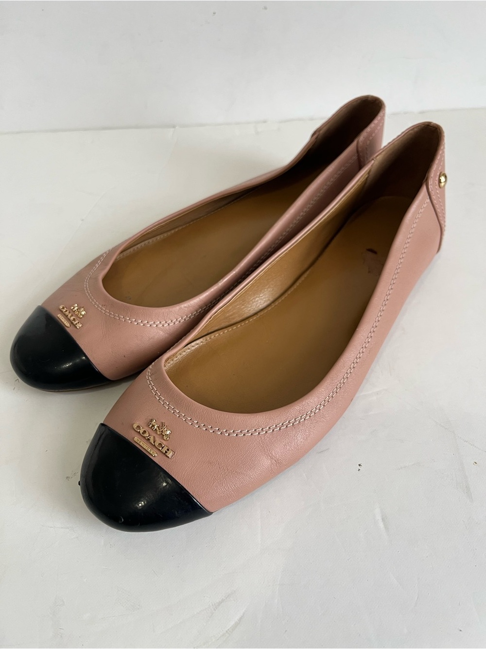 Coach Blush Pink Leather Black Cap Toe Ballet Flats Size 8.5B
